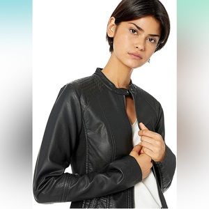 Faux Leather Jacket with Moto Detail and Front Zip Pockets